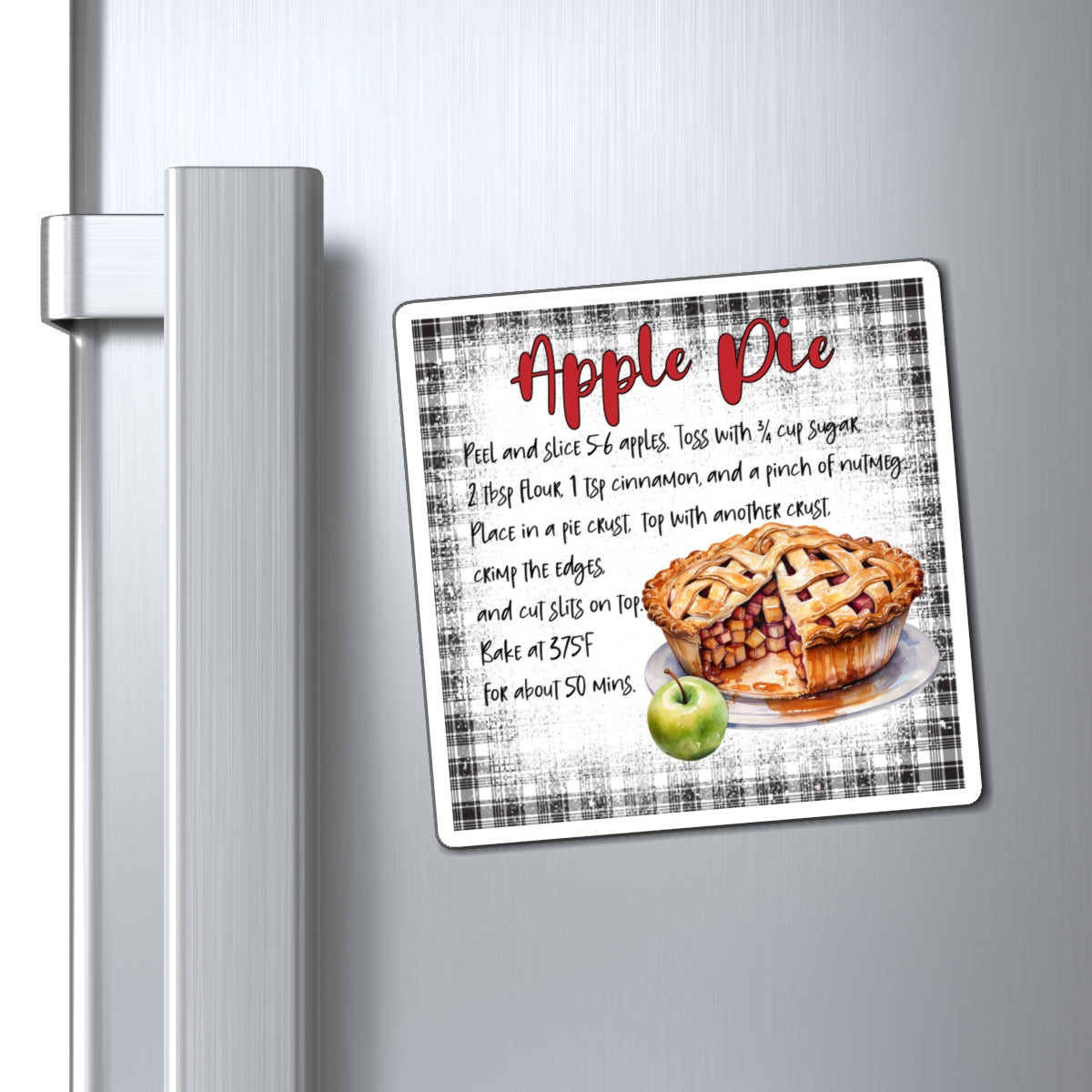 Apple Pie Recipe Magnet — Vintage Plaid Kitchen Magnet with Recipe