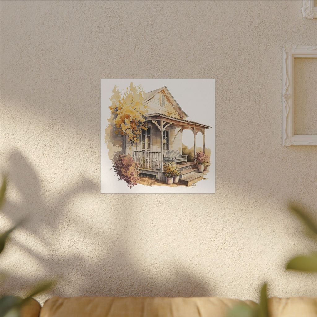 Rustic Autumn Porch Matte Canvas Wall Art - Cozy Country Home Illustration