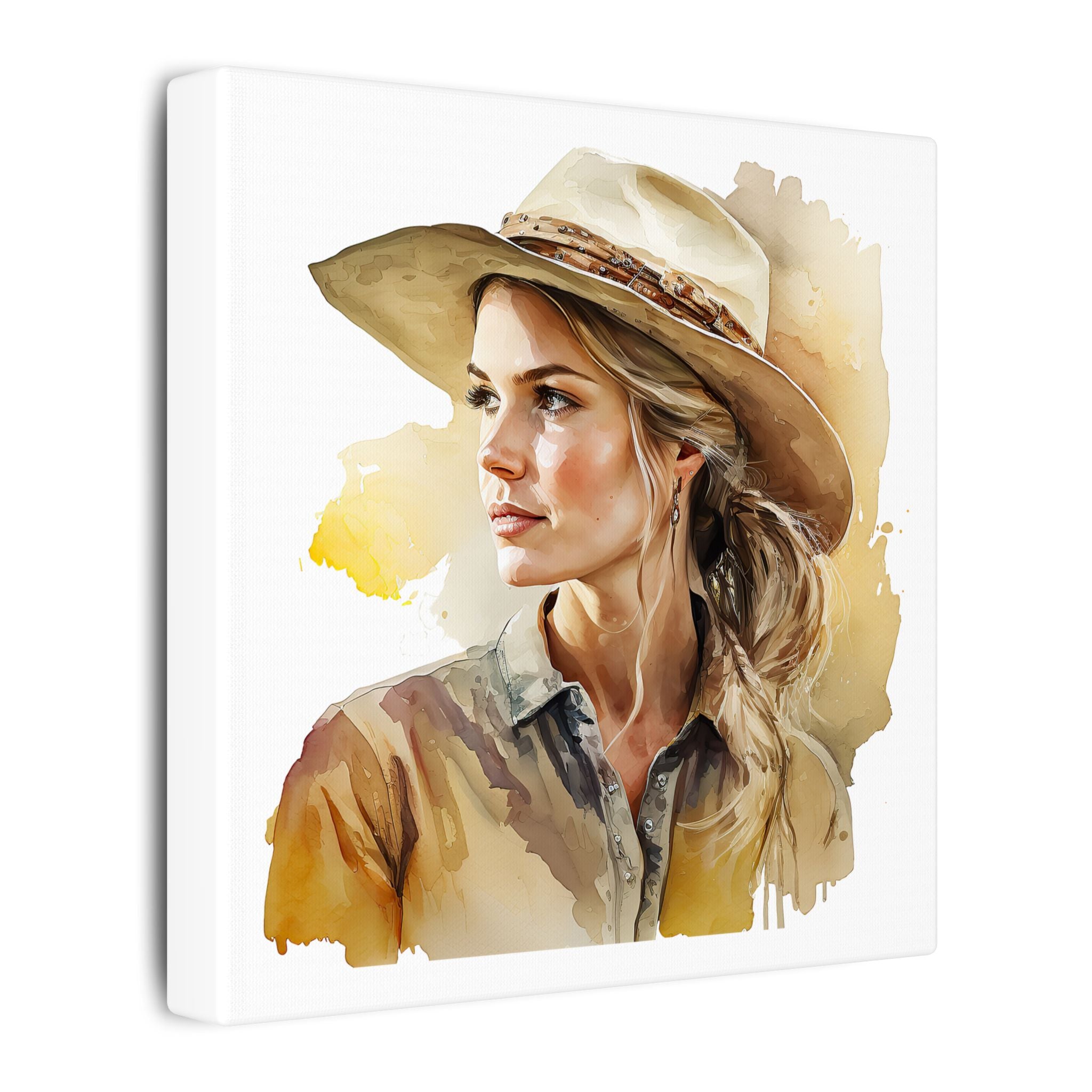 Western Cowgirl Portrait Canvas – Watercolor-Style Matte Wall Art