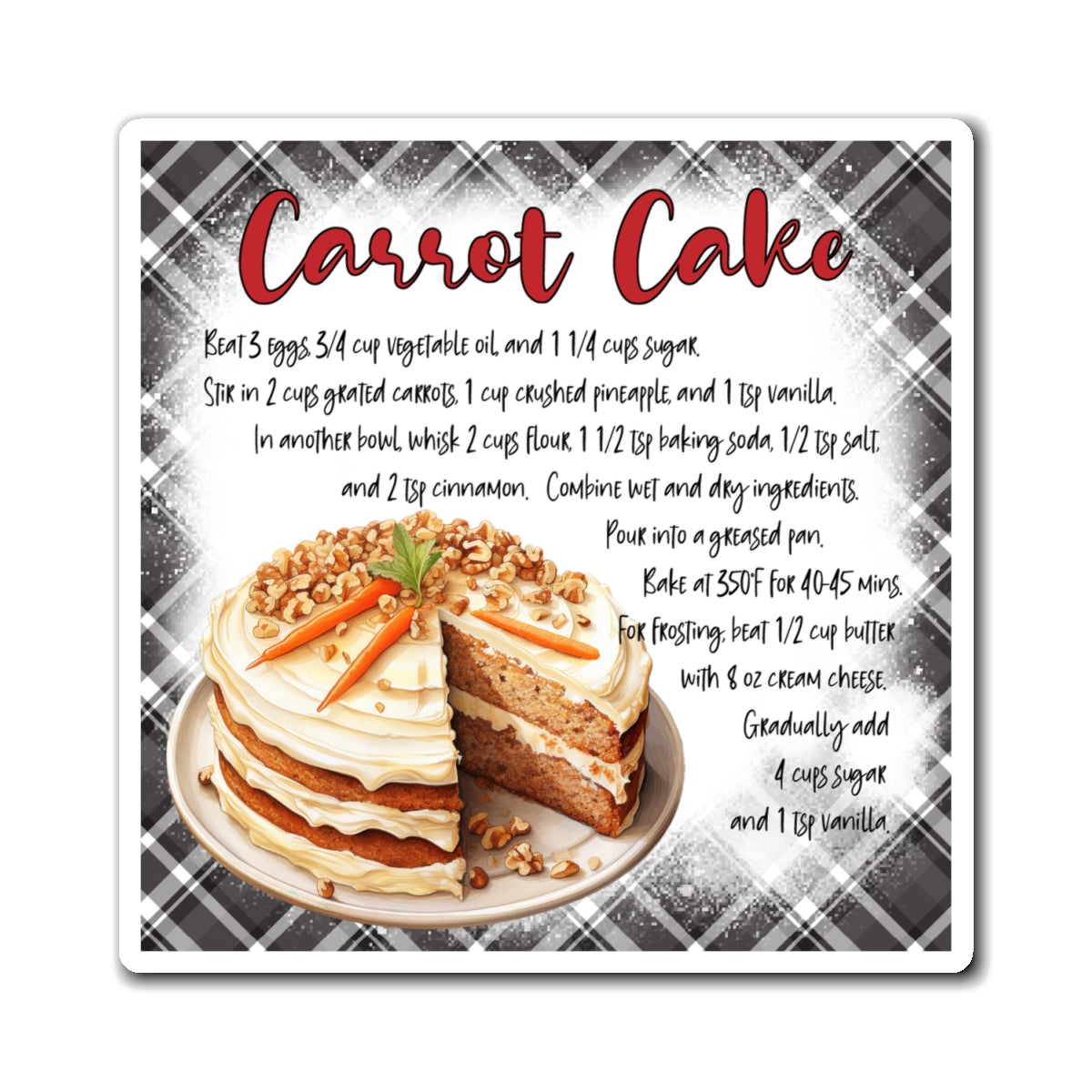 Carrot Cake Recipe Magnet — Retro Plaid Kitchen Refrigerator Decor