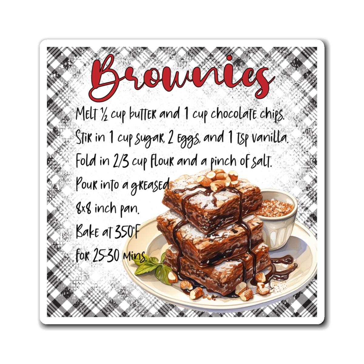 Brownies Recipe Magnet — Illustrated Dessert Kitchen Refrigerator Magnet