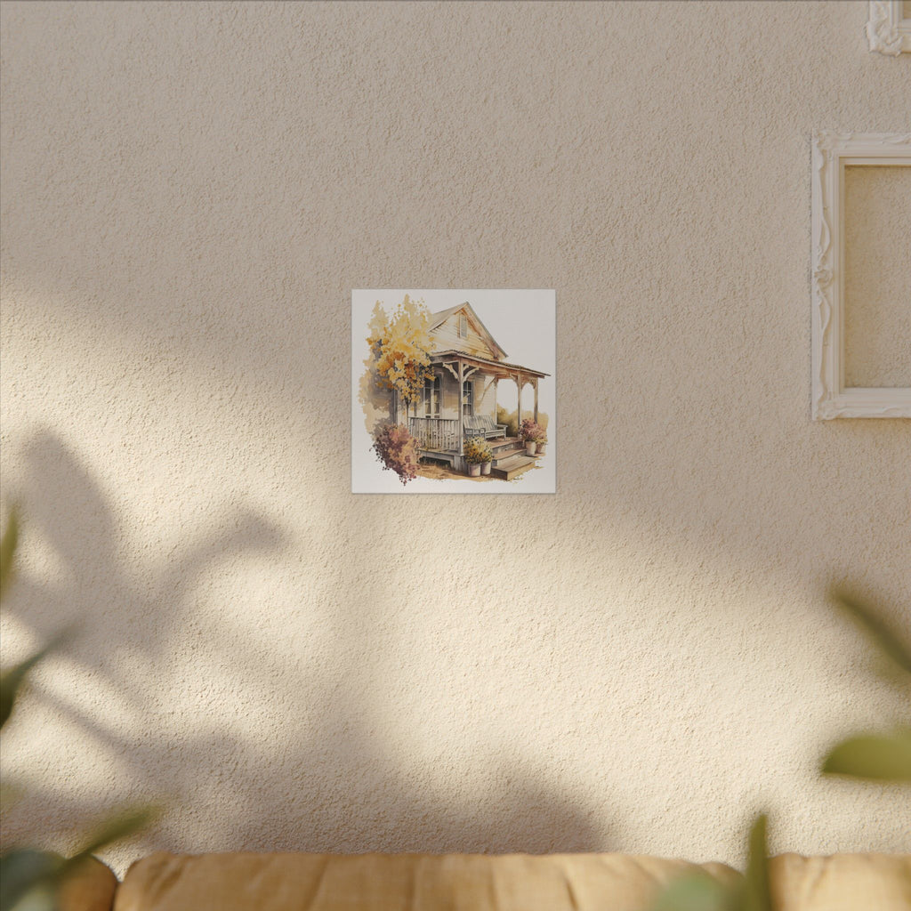 Rustic Autumn Porch Matte Canvas Wall Art - Cozy Country Home Illustration