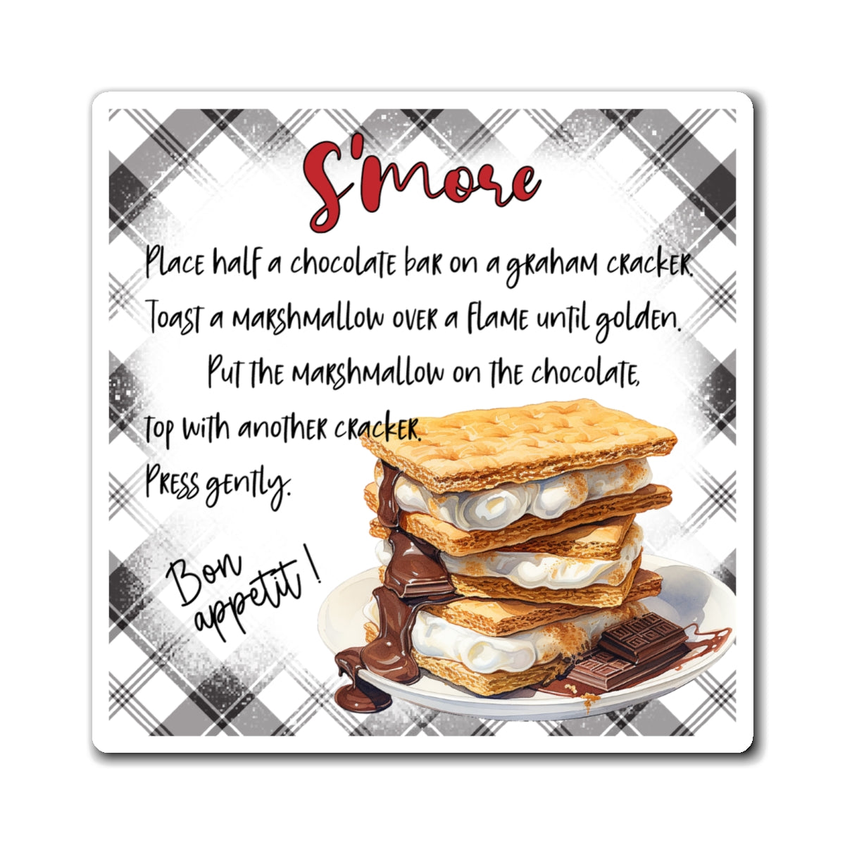 S'more Recipe Magnet — Retro Plaid Kitchen Fridge Decor