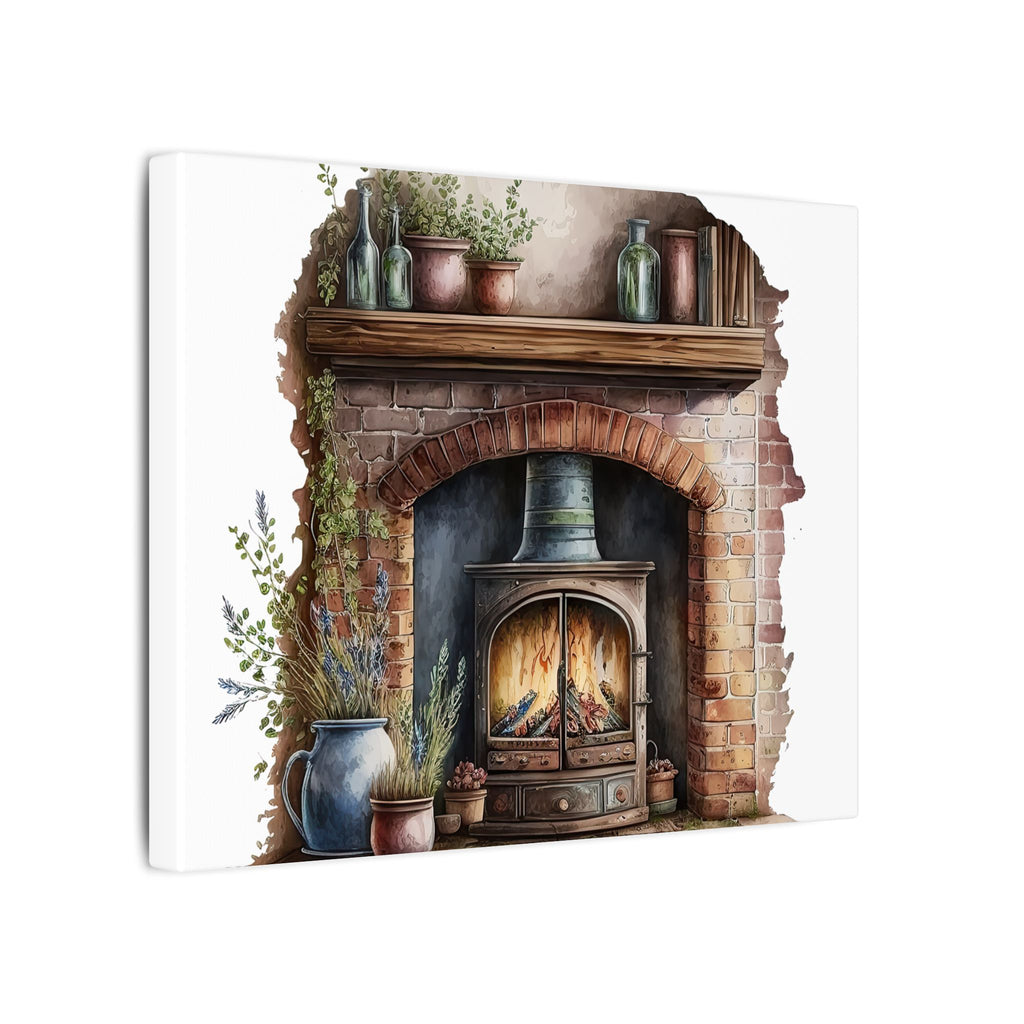 Cozy Fireplace Canvas Wall Art — Rustic Hearth Scene Matte Stretched Print