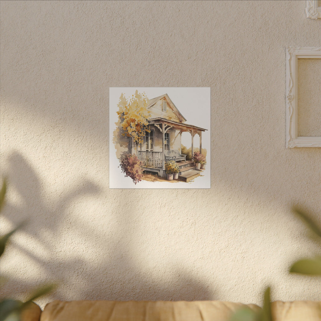 Rustic Autumn Porch Matte Canvas Wall Art - Cozy Country Home Illustration
