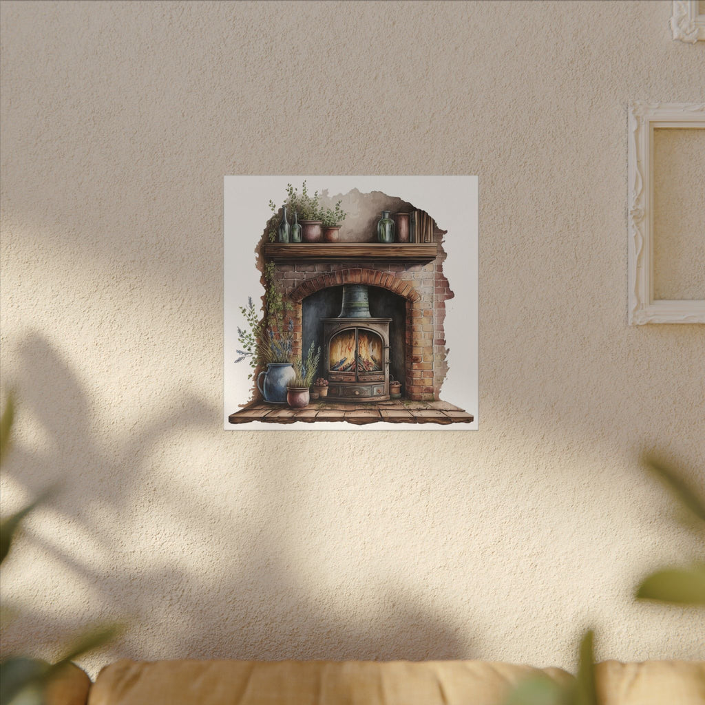 Cozy Fireplace Canvas Wall Art — Rustic Hearth Scene Matte Stretched Print