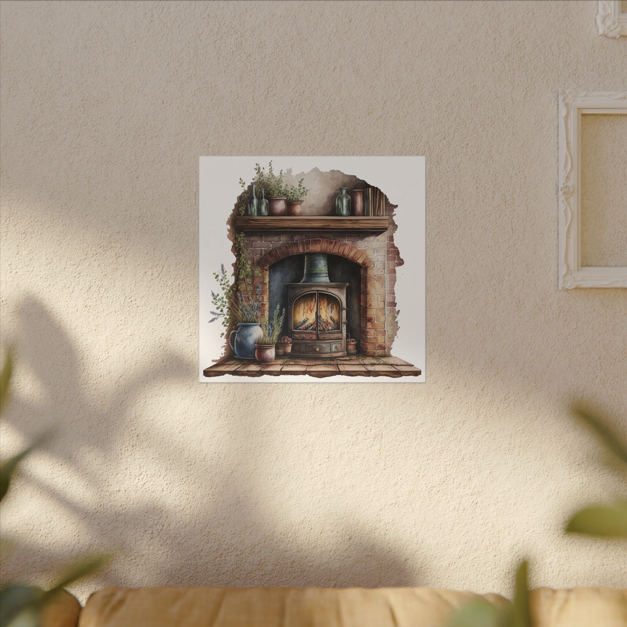 Cozy Fireplace Canvas Wall Art — Rustic Hearth Scene Matte Stretched Print