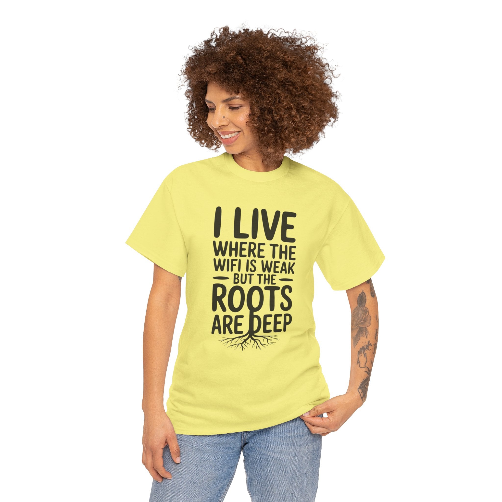 Rural Roots Tee — "I live where the WiFi is weak but the roots are deep" Cotton Shirt