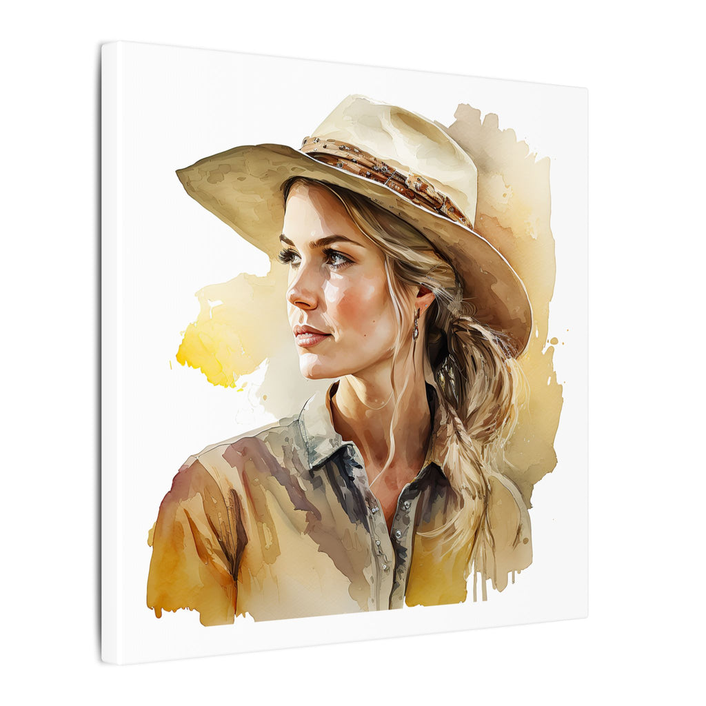 Western Cowgirl Portrait Canvas – Watercolor-Style Matte Wall Art