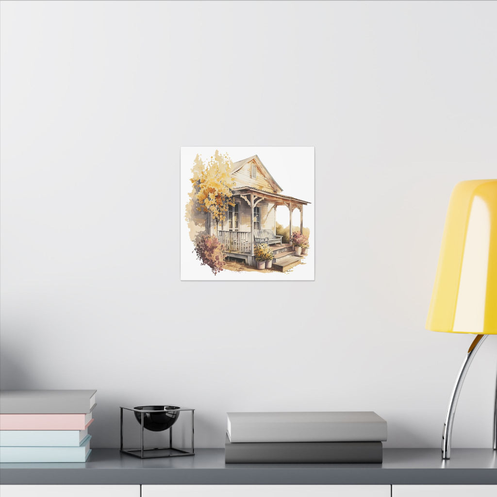 Rustic Autumn Porch Matte Canvas Wall Art - Cozy Country Home Illustration