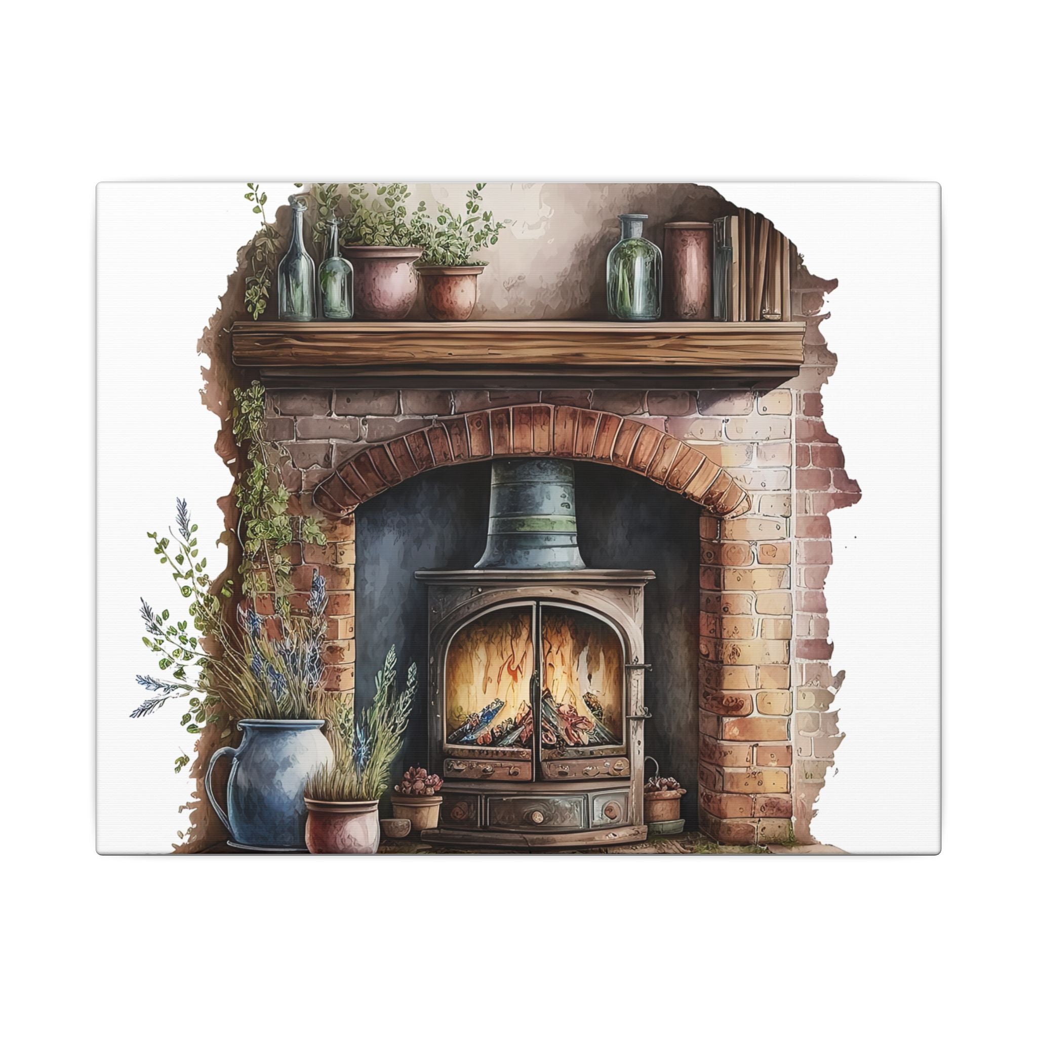Cozy Fireplace Canvas Wall Art — Rustic Hearth Scene Matte Stretched Print
