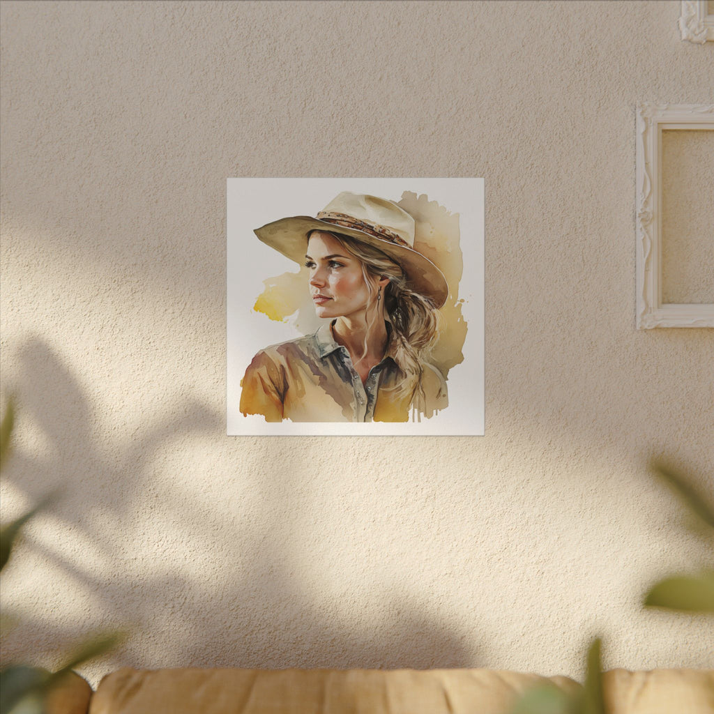 Western Cowgirl Portrait Canvas – Watercolor-Style Matte Wall Art