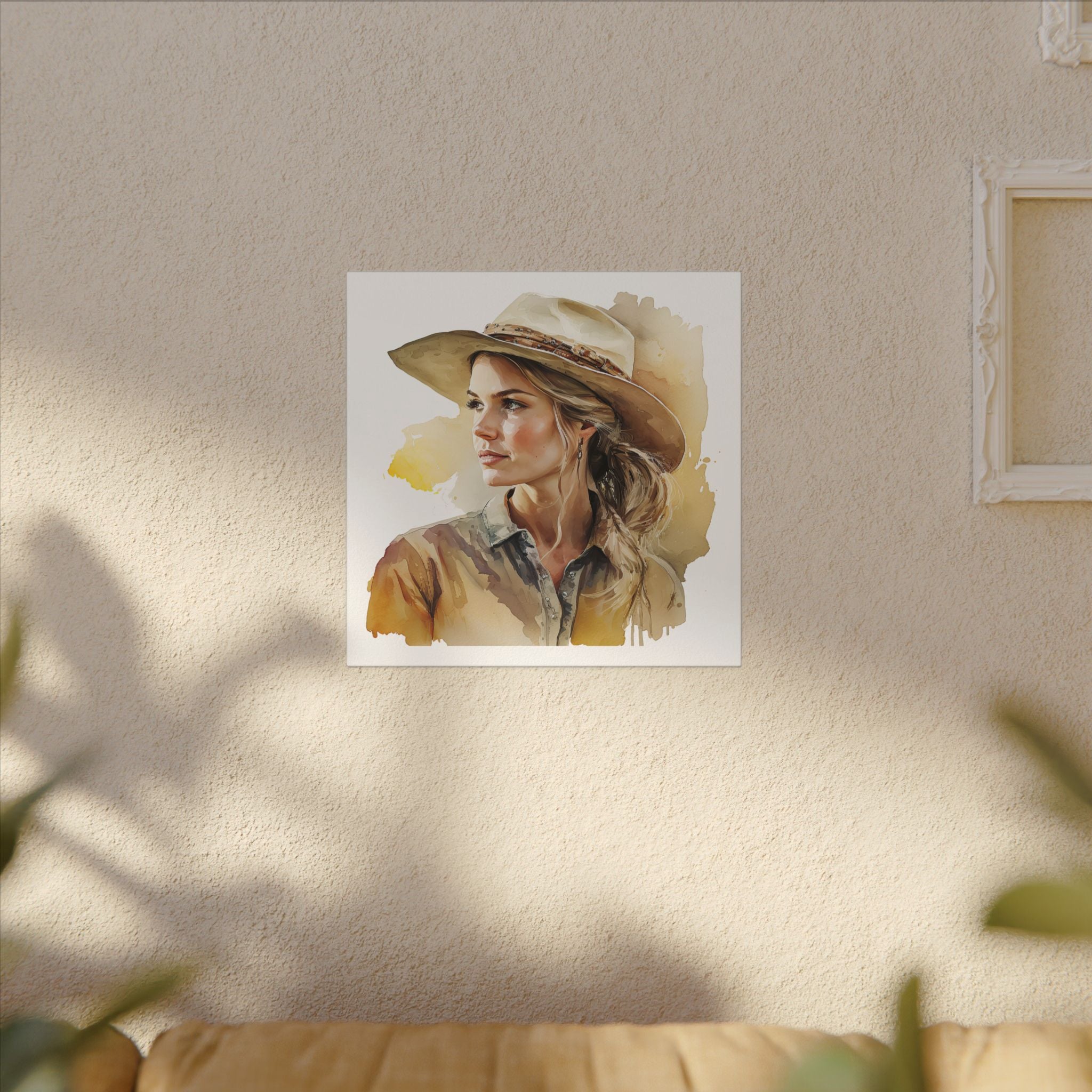 Western Cowgirl Portrait Canvas – Watercolor-Style Matte Wall Art