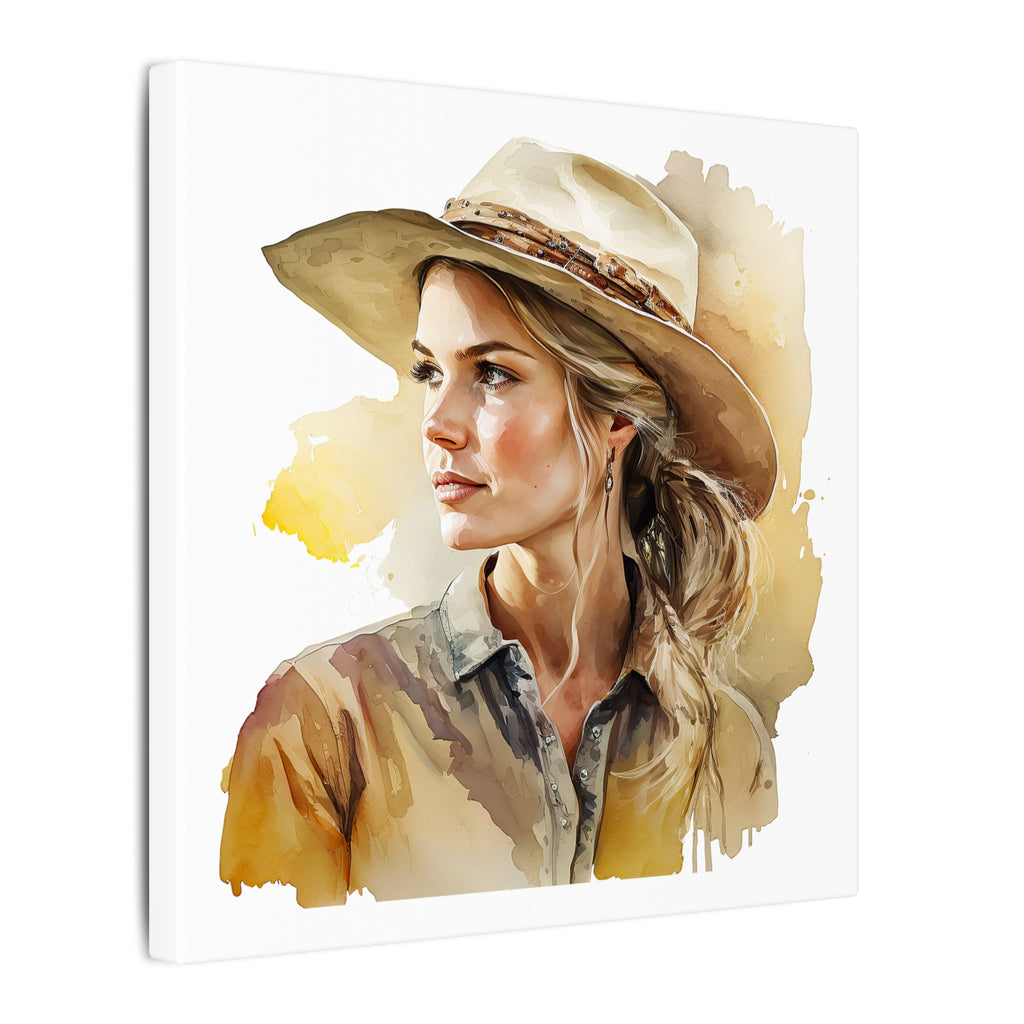 Western Cowgirl Portrait Canvas – Watercolor-Style Matte Wall Art