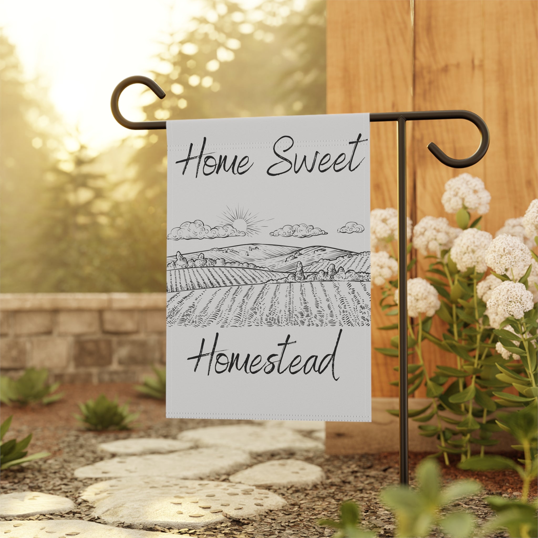 Home Sweet Homestead Garden Flag — Rustic Farmhouse House Banner