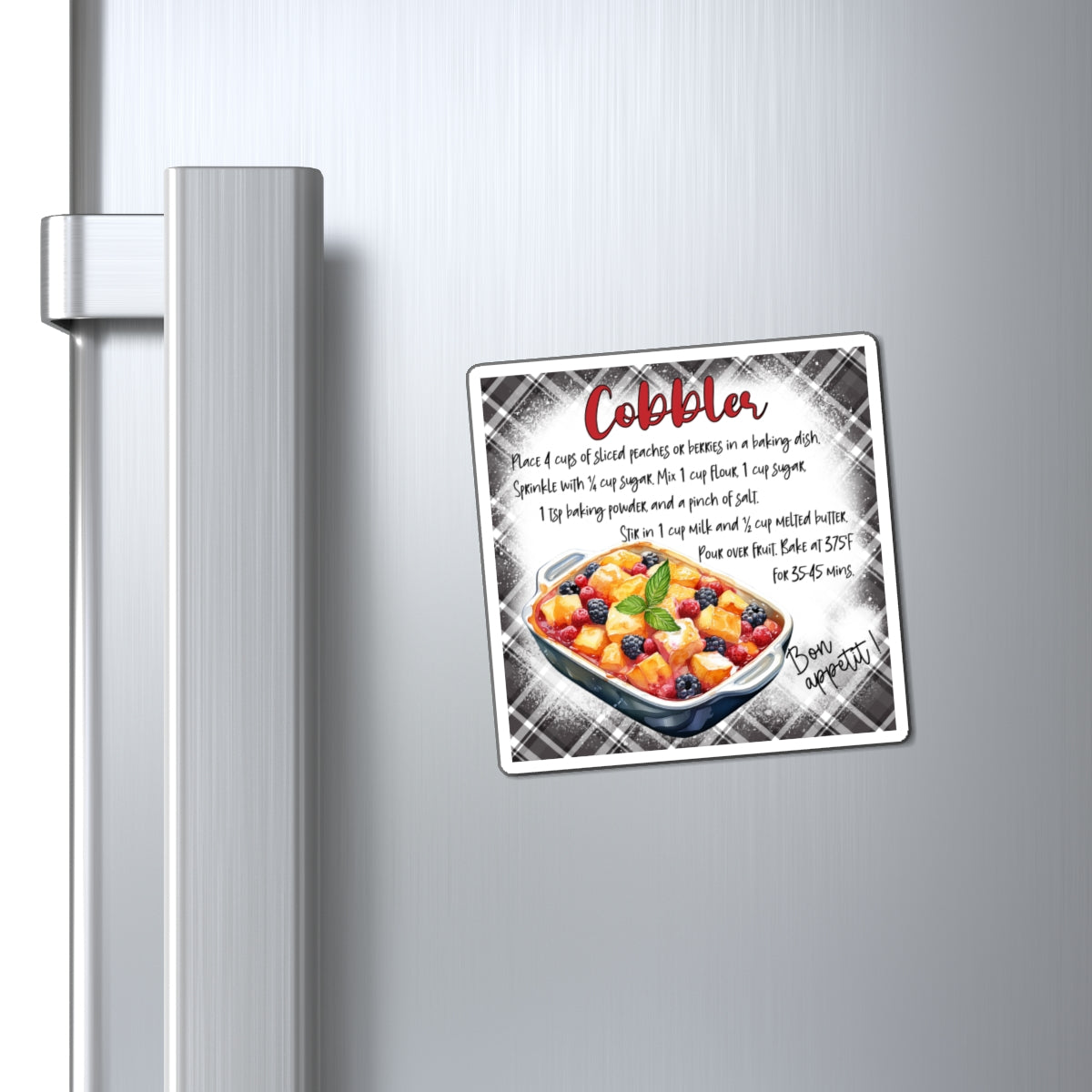 Cobbler Recipe Refrigerator Magnet — Vintage Plaid Kitchen Decor