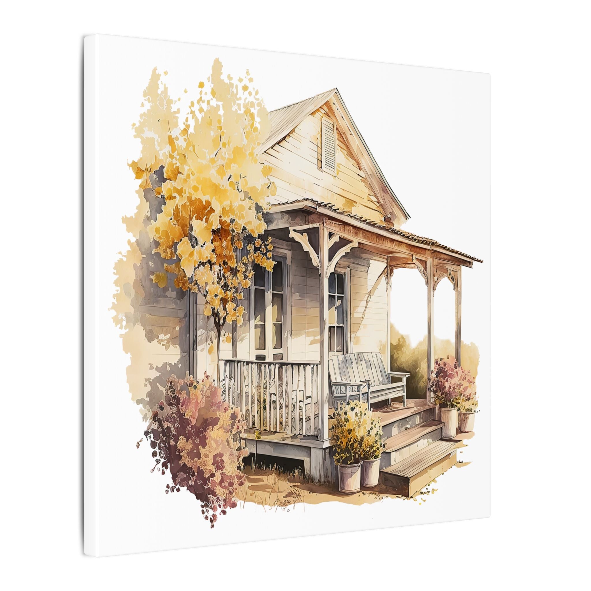 Rustic Autumn Porch Matte Canvas Wall Art - Cozy Country Home Illustration