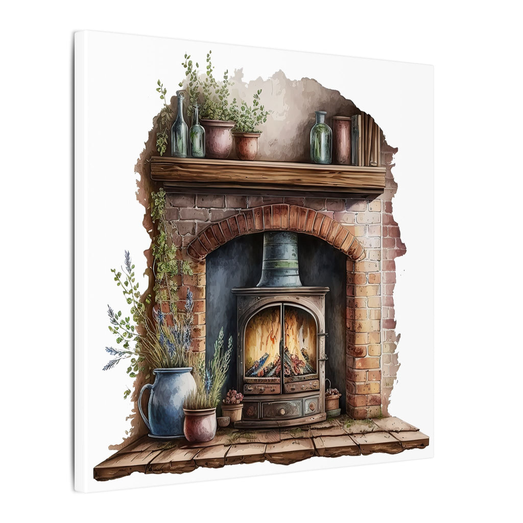 Cozy Fireplace Canvas Wall Art — Rustic Hearth Scene Matte Stretched Print