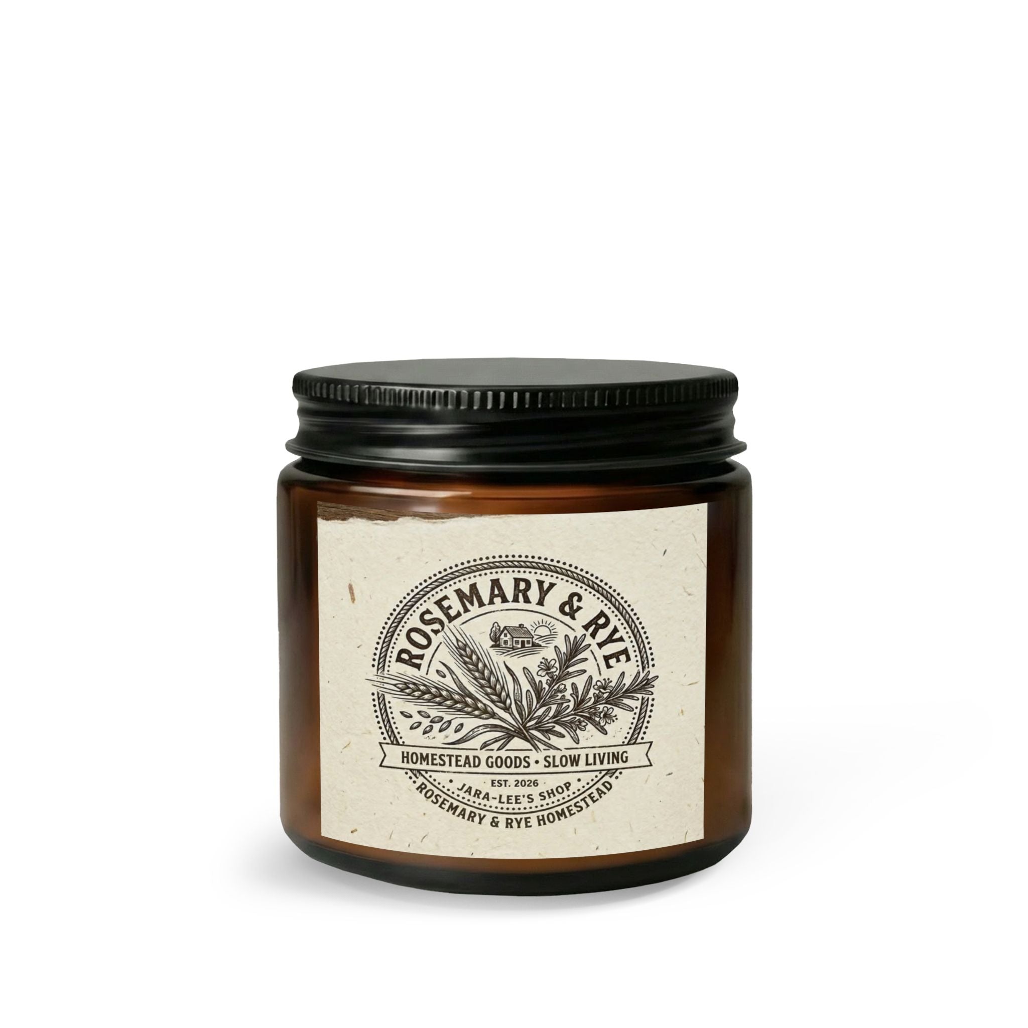 Rosemary & Rye Scented Candle Set — Amber Jar with Matches & Wick Trimmer