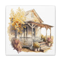 Rustic Autumn Porch Matte Canvas Wall Art - Cozy Country Home Illustration