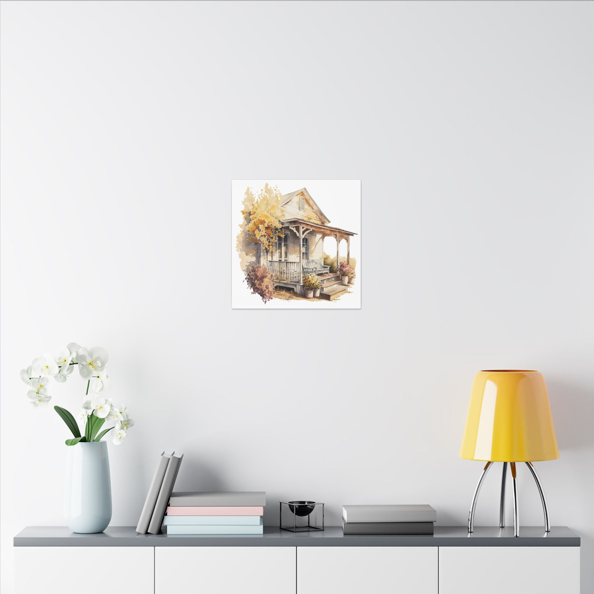 Rustic Autumn Porch Matte Canvas Wall Art - Cozy Country Home Illustration