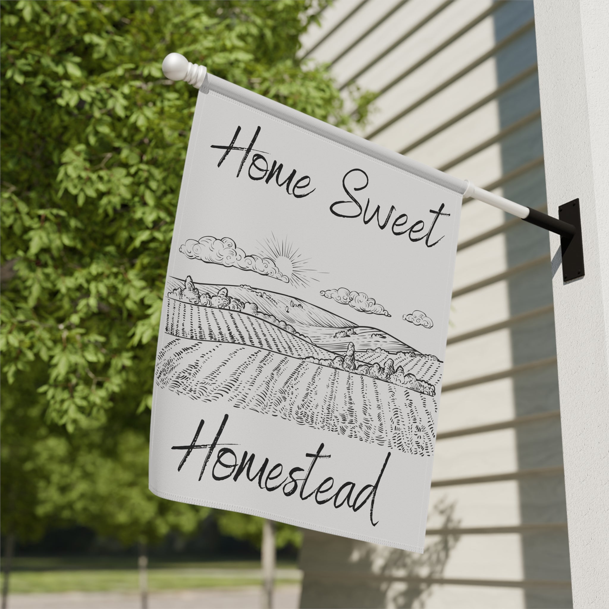 Home Sweet Homestead Garden Flag — Rustic Farmhouse House Banner