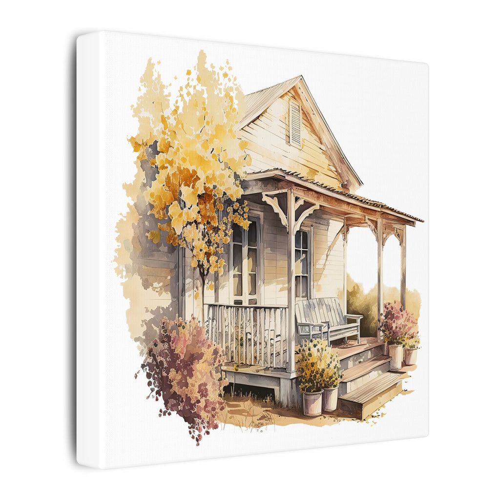 Rustic Autumn Porch Matte Canvas Wall Art - Cozy Country Home Illustration