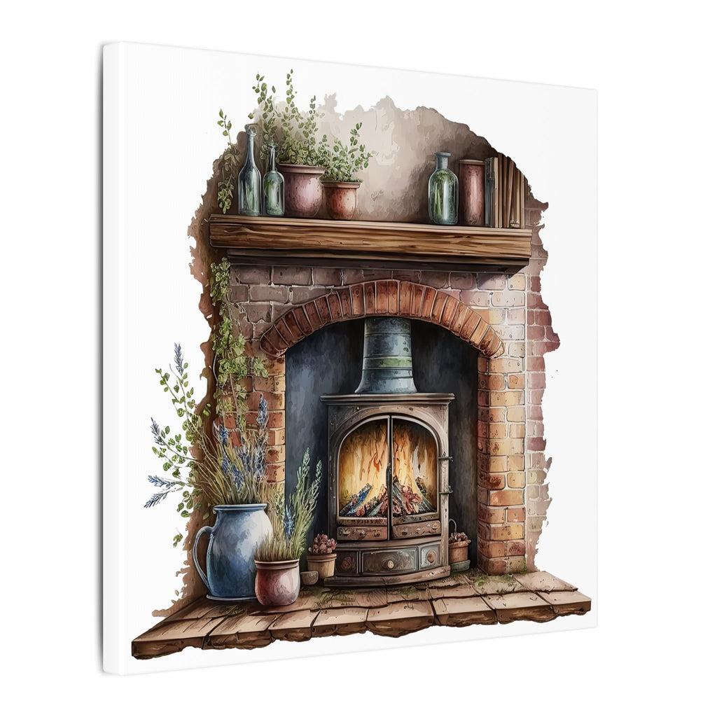 Cozy Fireplace Canvas Wall Art — Rustic Hearth Scene Matte Stretched Print