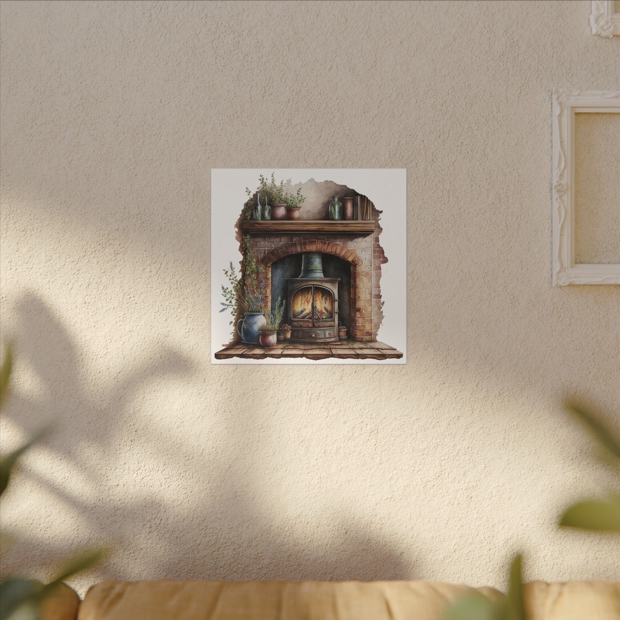 Cozy Fireplace Canvas Wall Art — Rustic Hearth Scene Matte Stretched Print