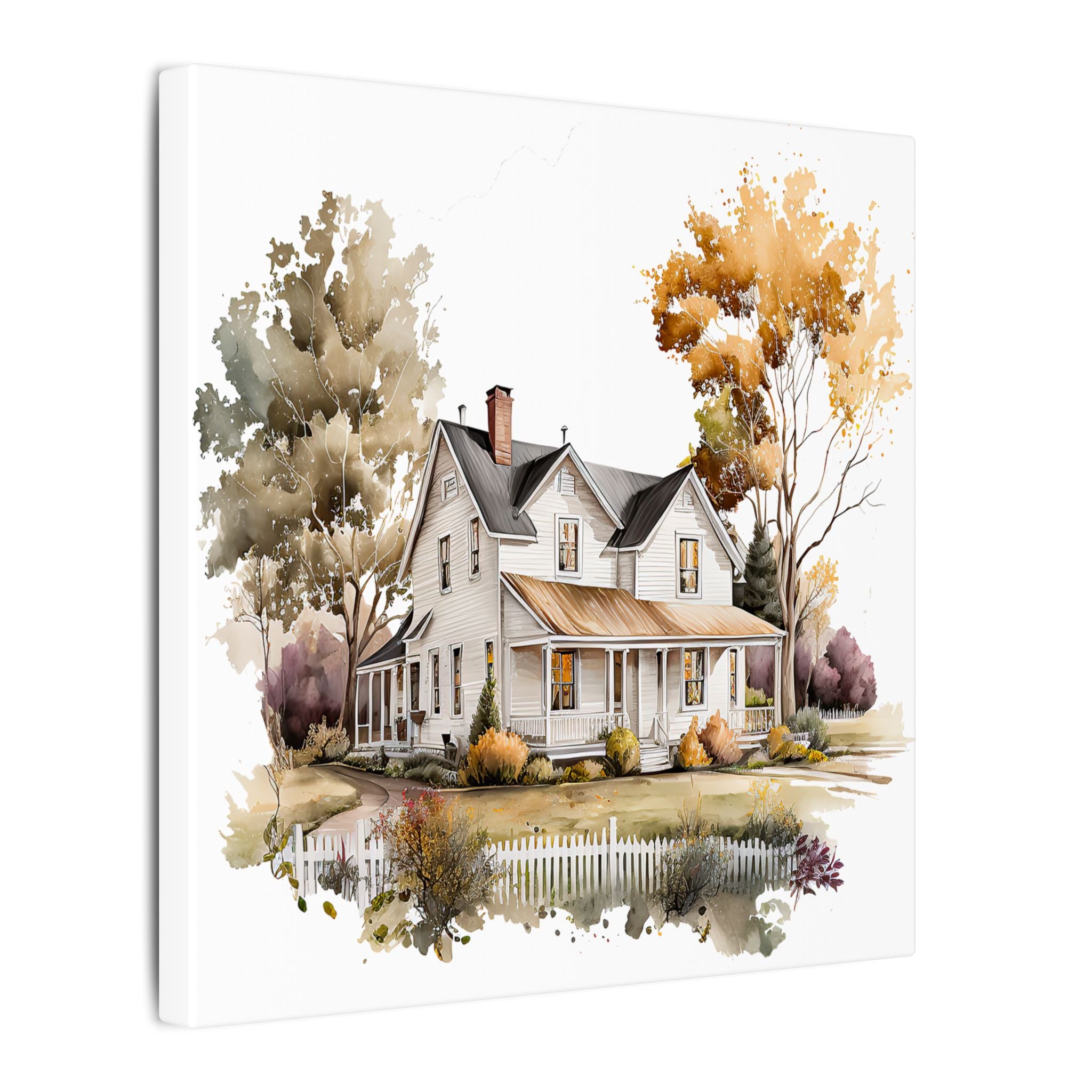 Country Farmhouse Canvas Print — Watercolor Autumn Home Wall Art