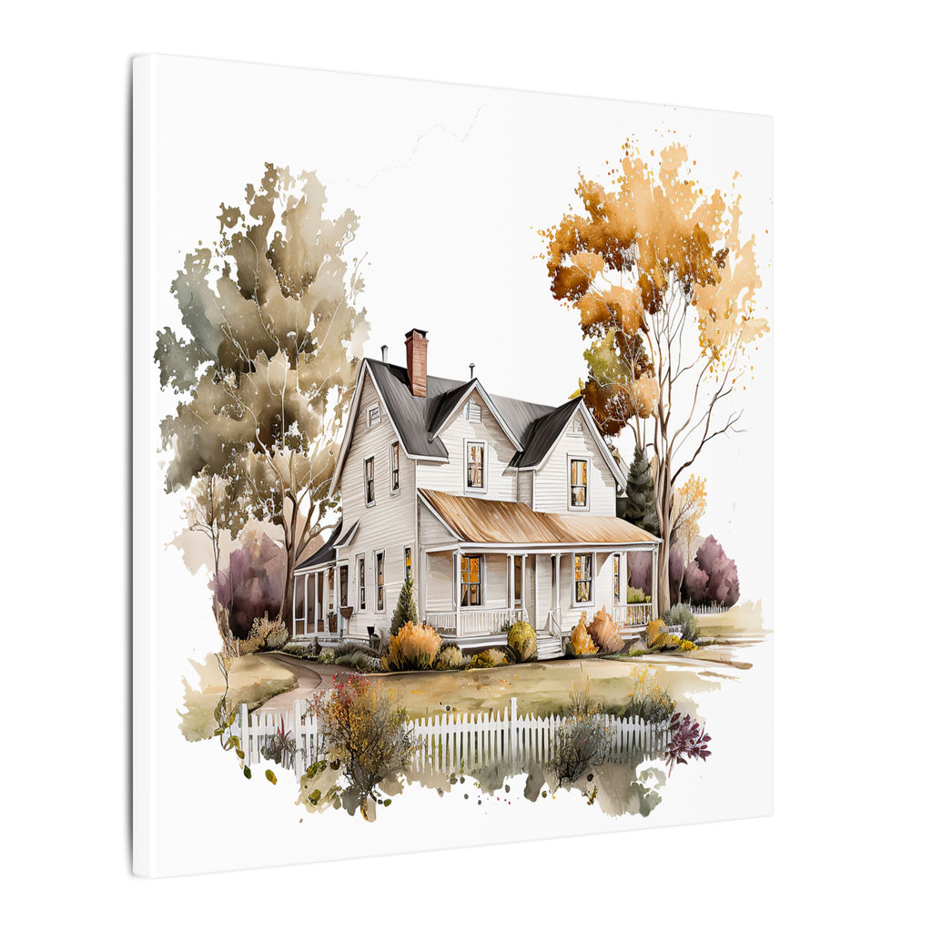 Country Farmhouse Canvas Print — Watercolor Autumn Home Wall Art
