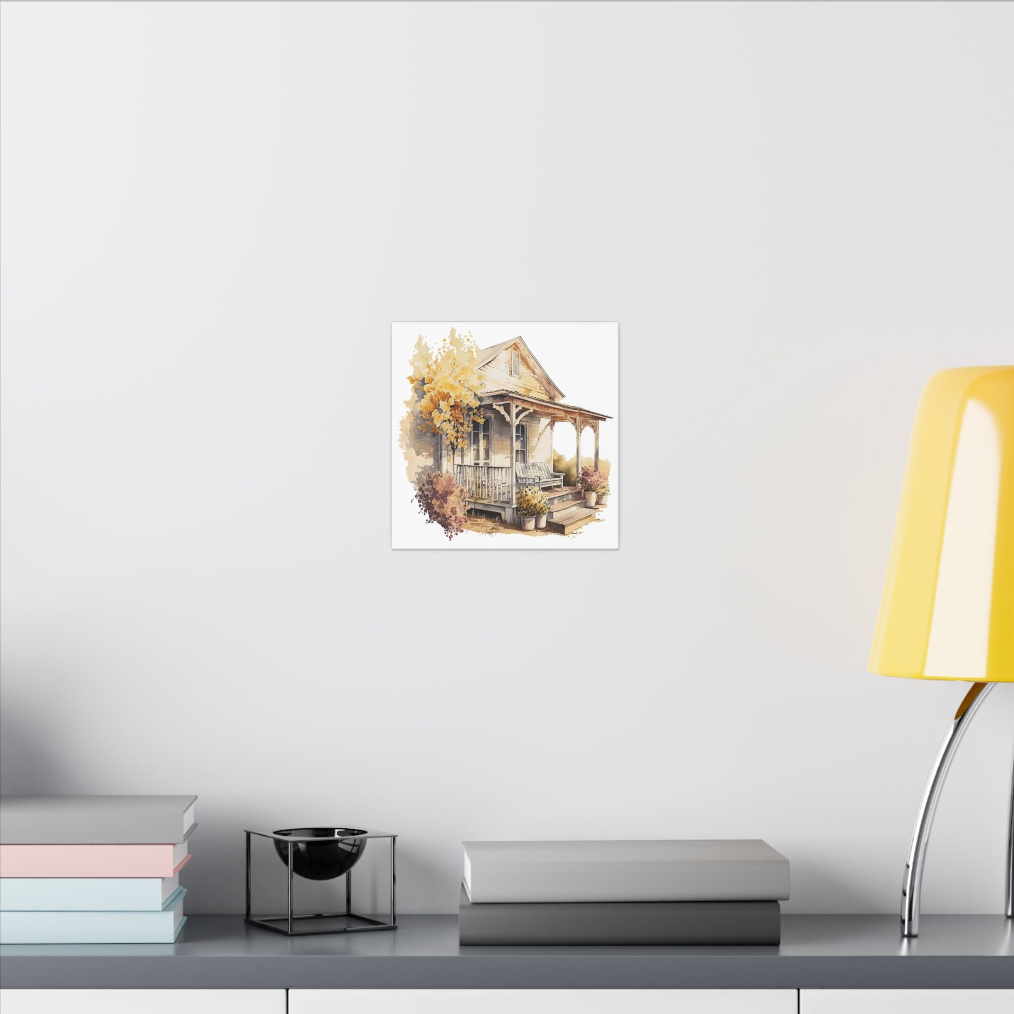 Rustic Autumn Porch Matte Canvas Wall Art - Cozy Country Home Illustration
