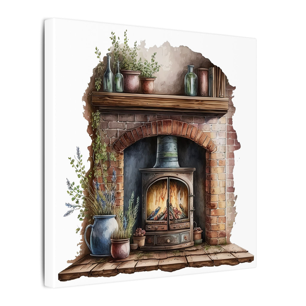 Cozy Fireplace Canvas Wall Art — Rustic Hearth Scene Matte Stretched Print