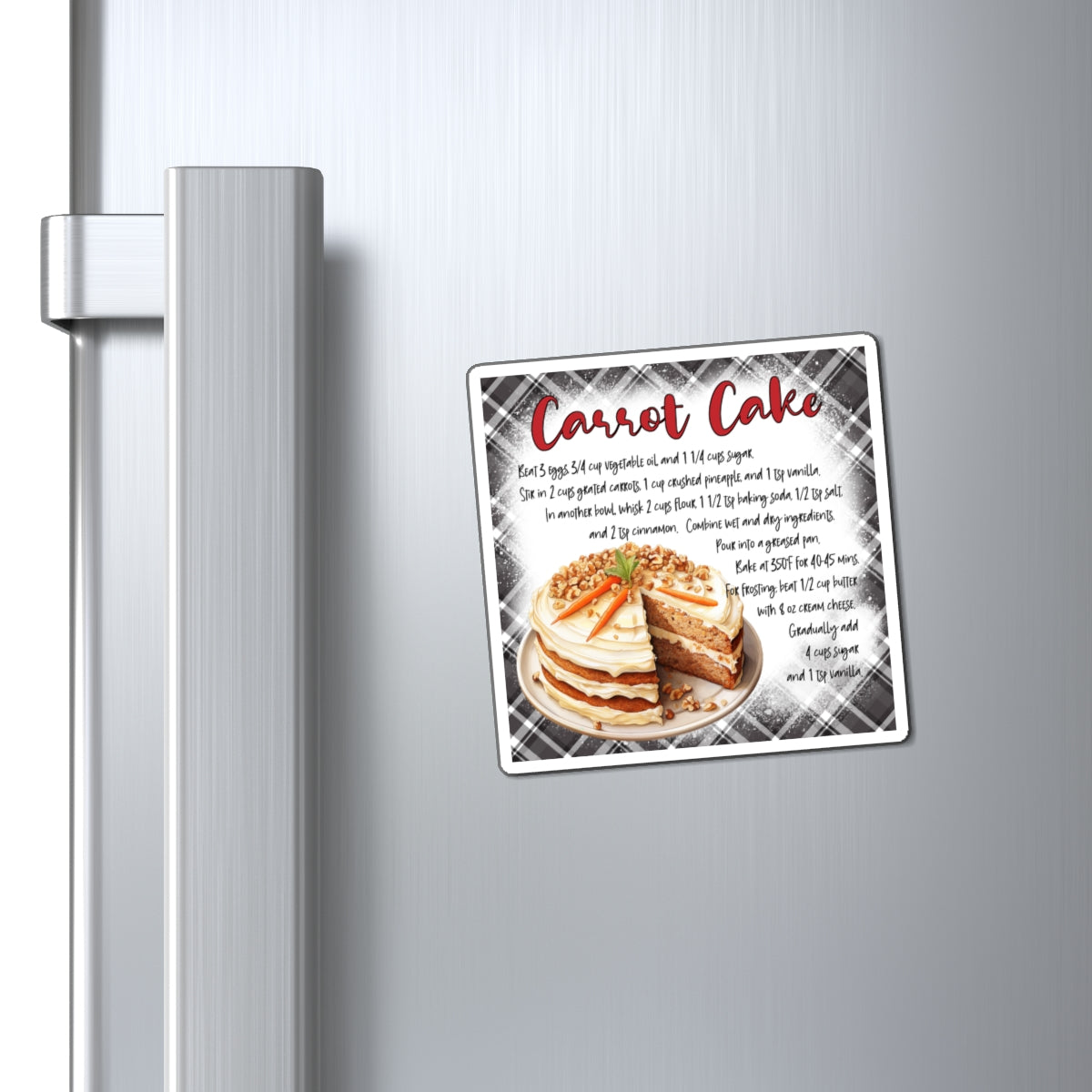 Carrot Cake Recipe Magnet — Retro Plaid Kitchen Refrigerator Decor
