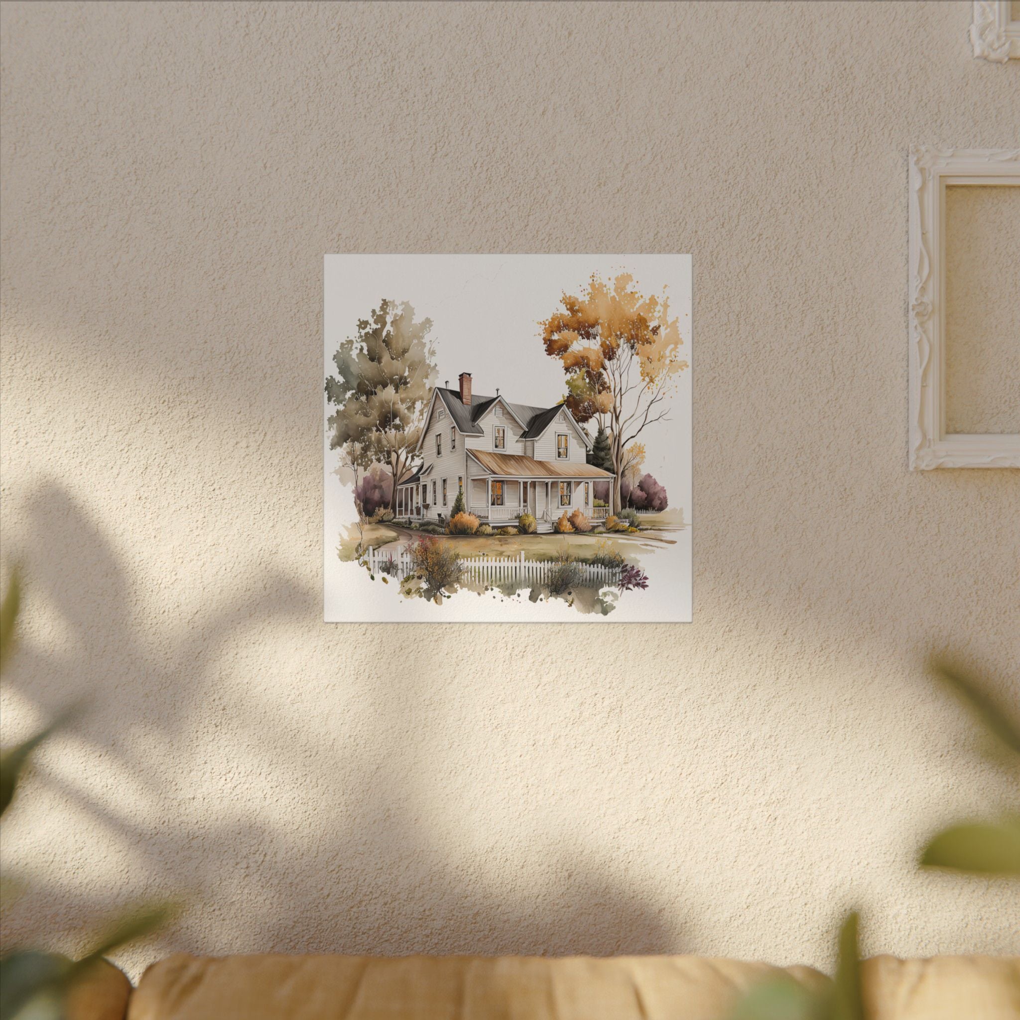 Country Farmhouse Canvas Print — Watercolor Autumn Home Wall Art