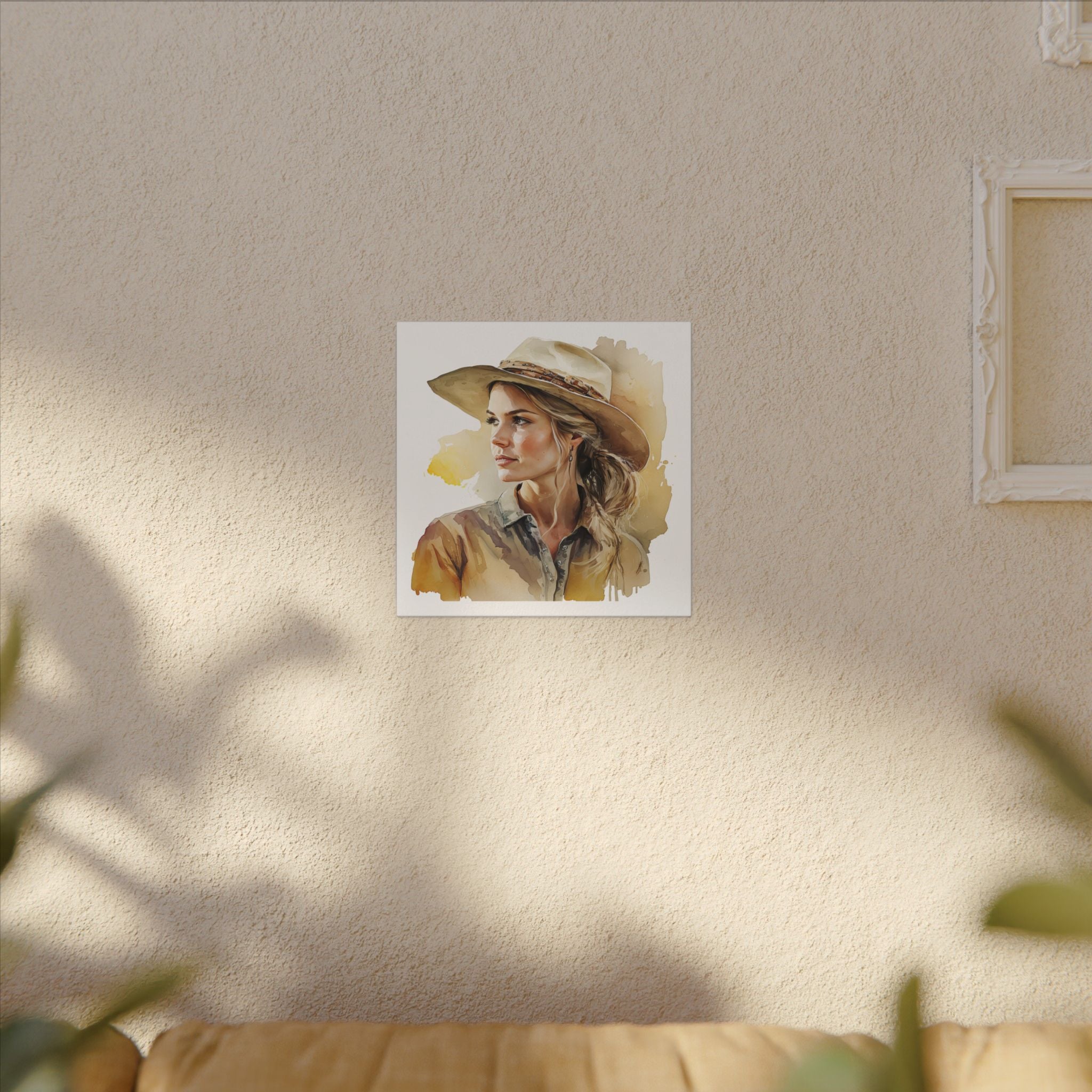 Western Cowgirl Portrait Canvas – Watercolor-Style Matte Wall Art