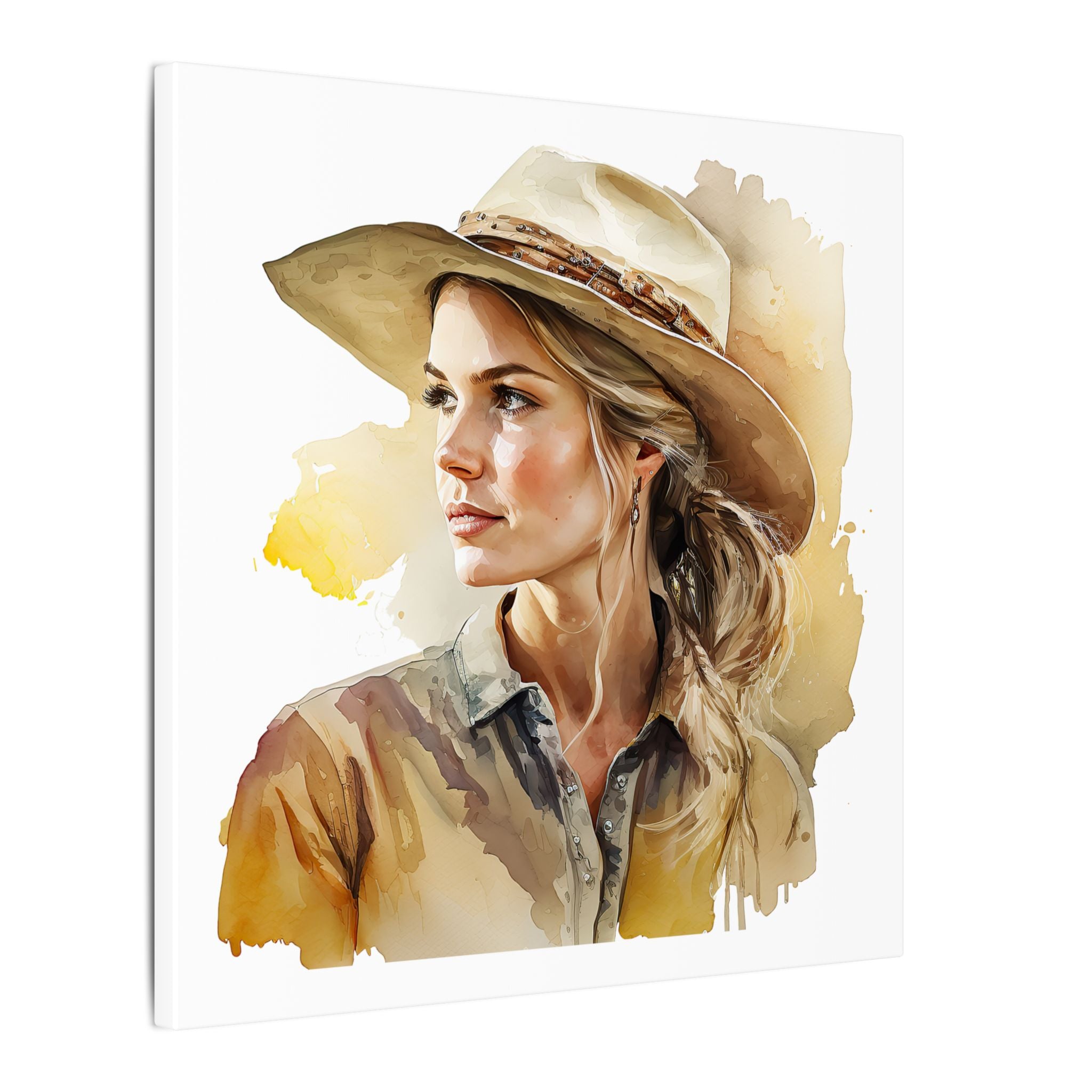 Western Cowgirl Portrait Canvas – Watercolor-Style Matte Wall Art