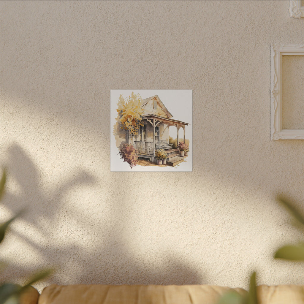 Rustic Autumn Porch Matte Canvas Wall Art - Cozy Country Home Illustration