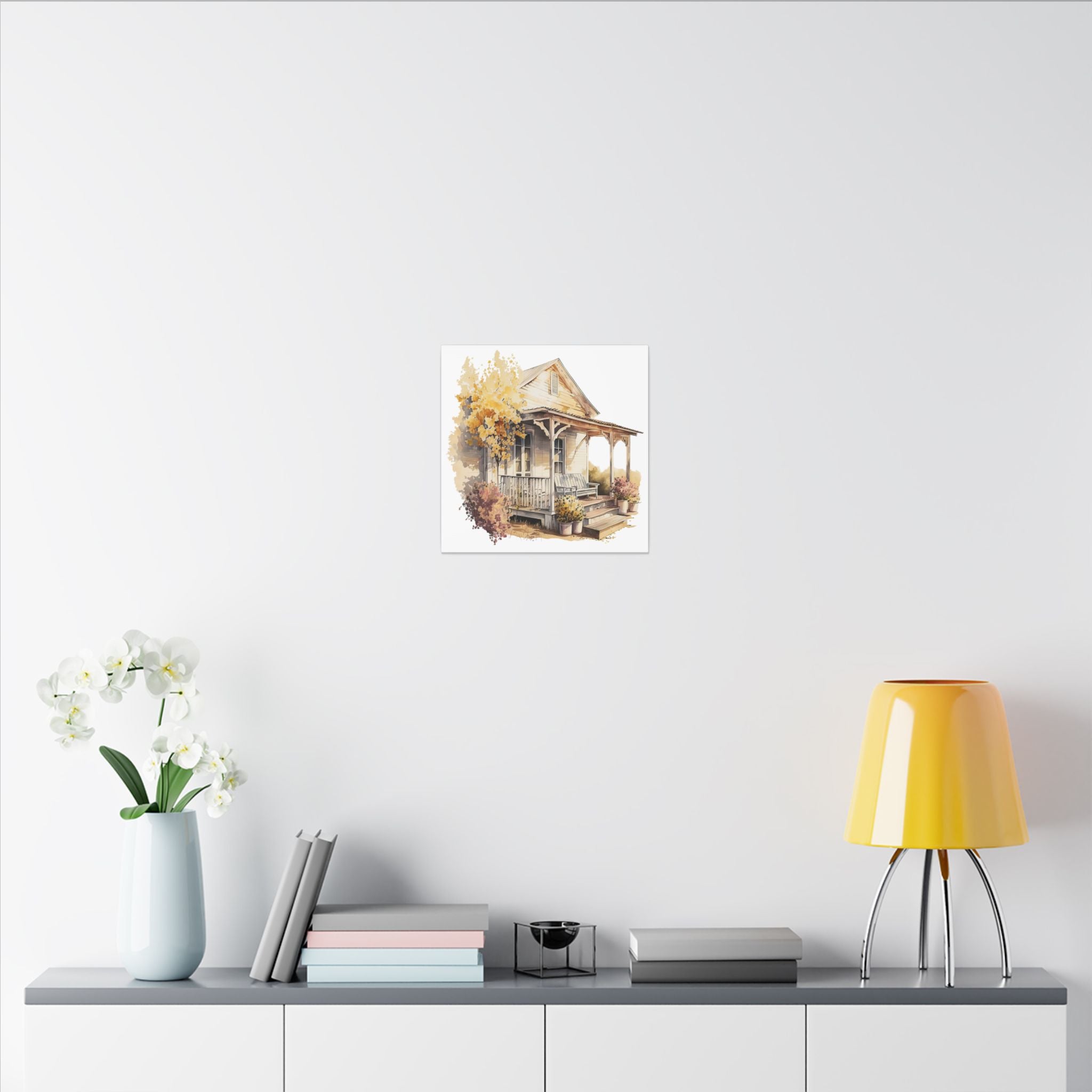 Rustic Autumn Porch Matte Canvas Wall Art - Cozy Country Home Illustration