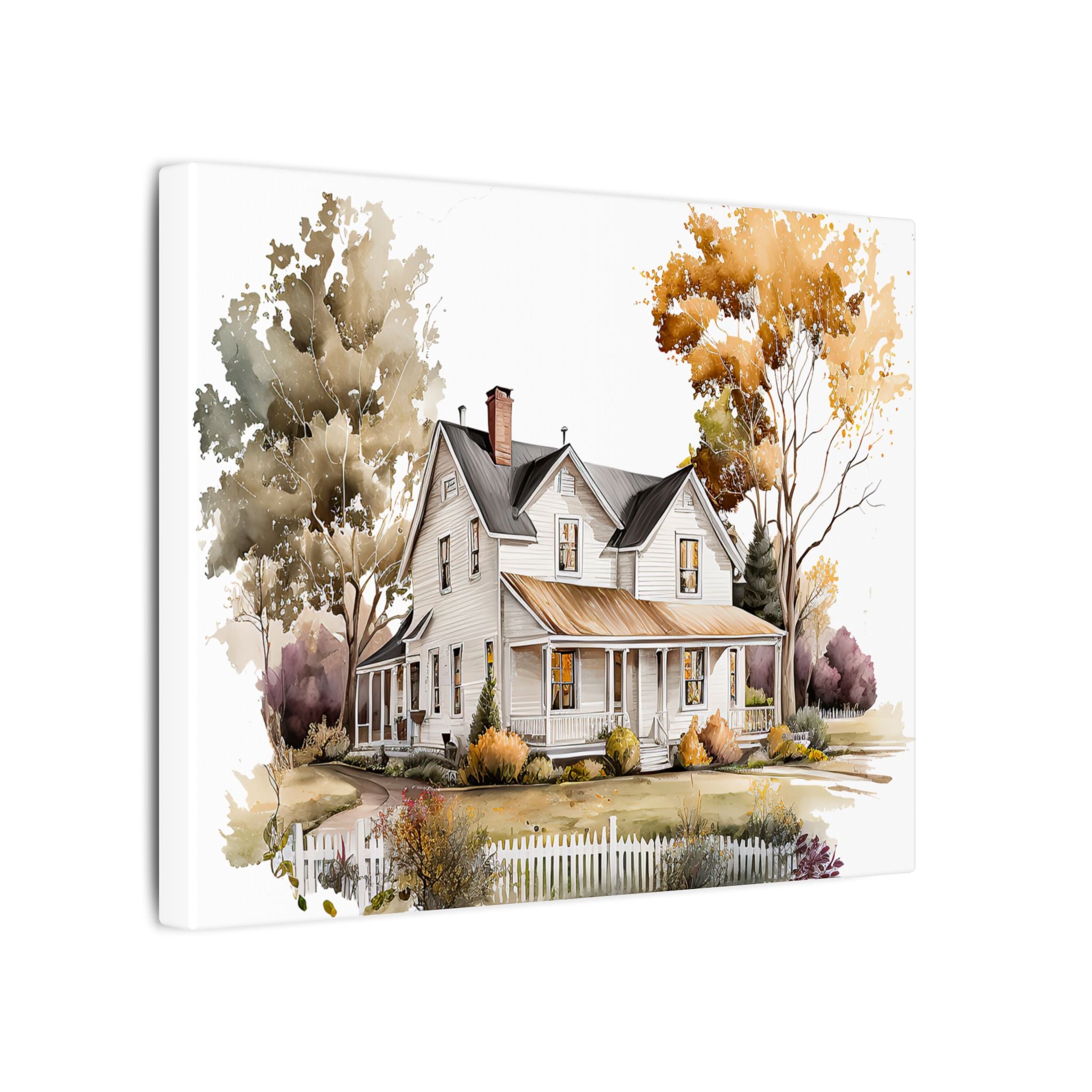Country Farmhouse Canvas Print — Watercolor Autumn Home Wall Art