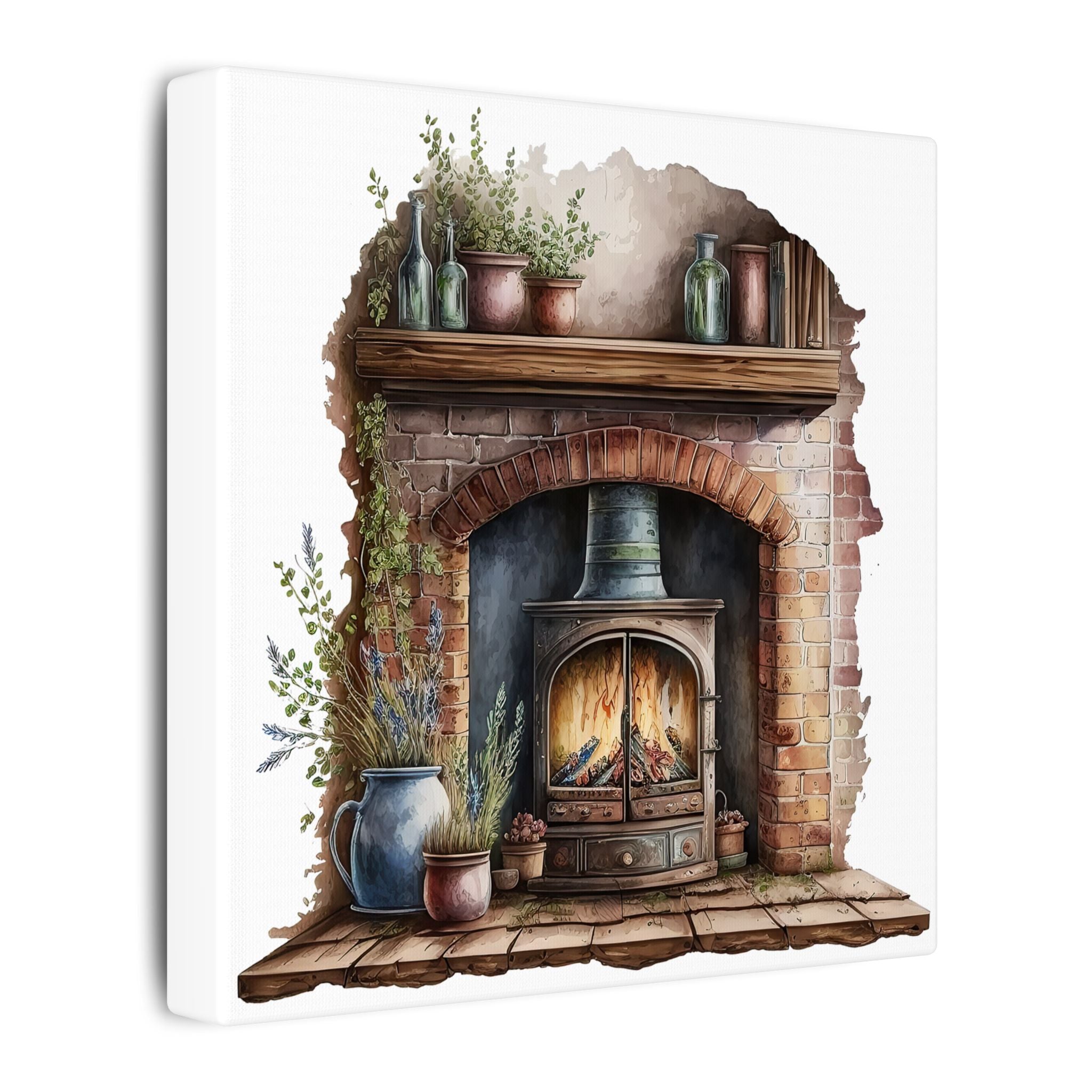 Cozy Fireplace Canvas Wall Art — Rustic Hearth Scene Matte Stretched Print