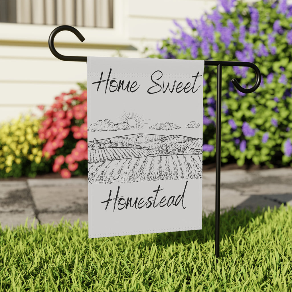 Home Sweet Homestead Garden Flag — Rustic Farmhouse House Banner