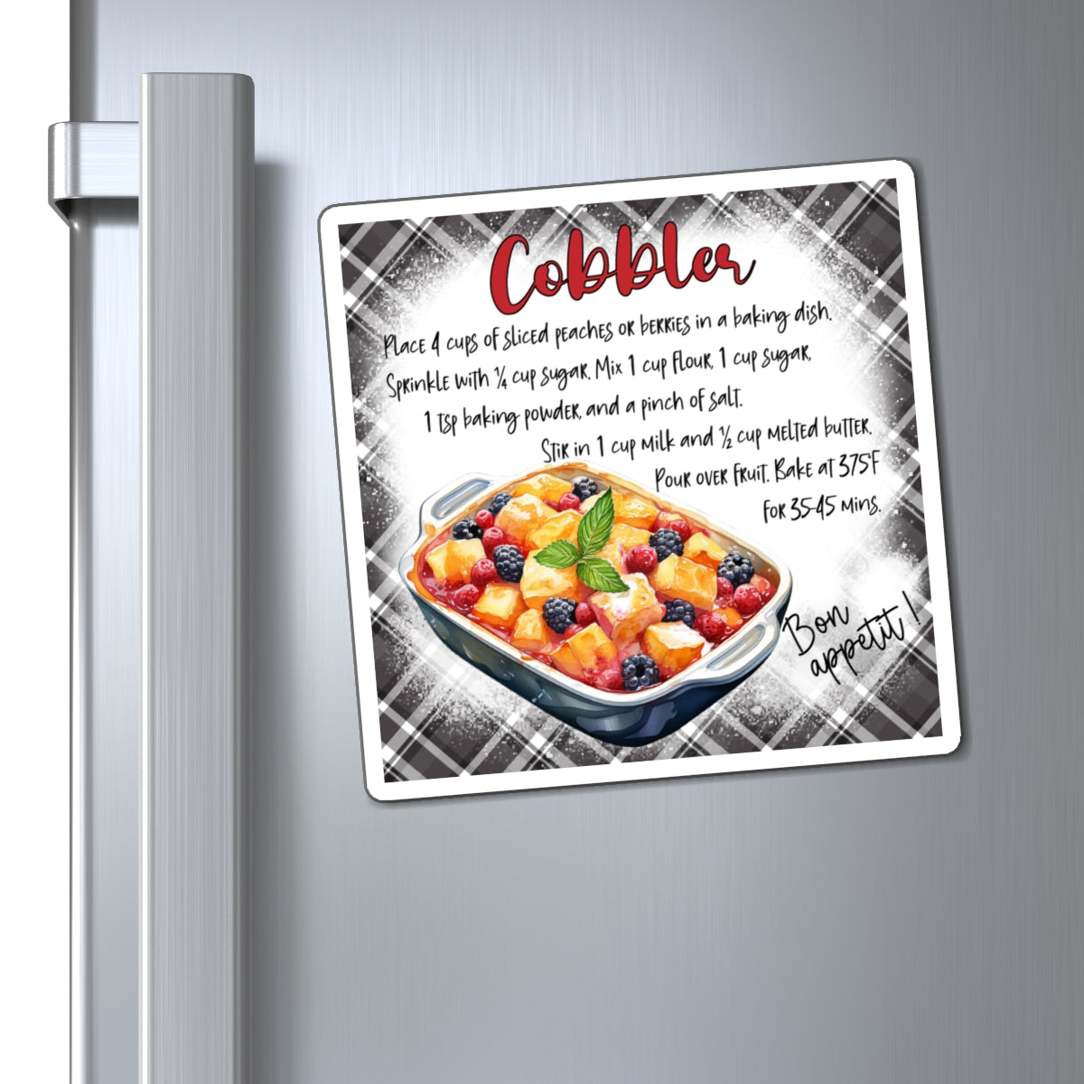 Cobbler Recipe Refrigerator Magnet — Vintage Plaid Kitchen Decor