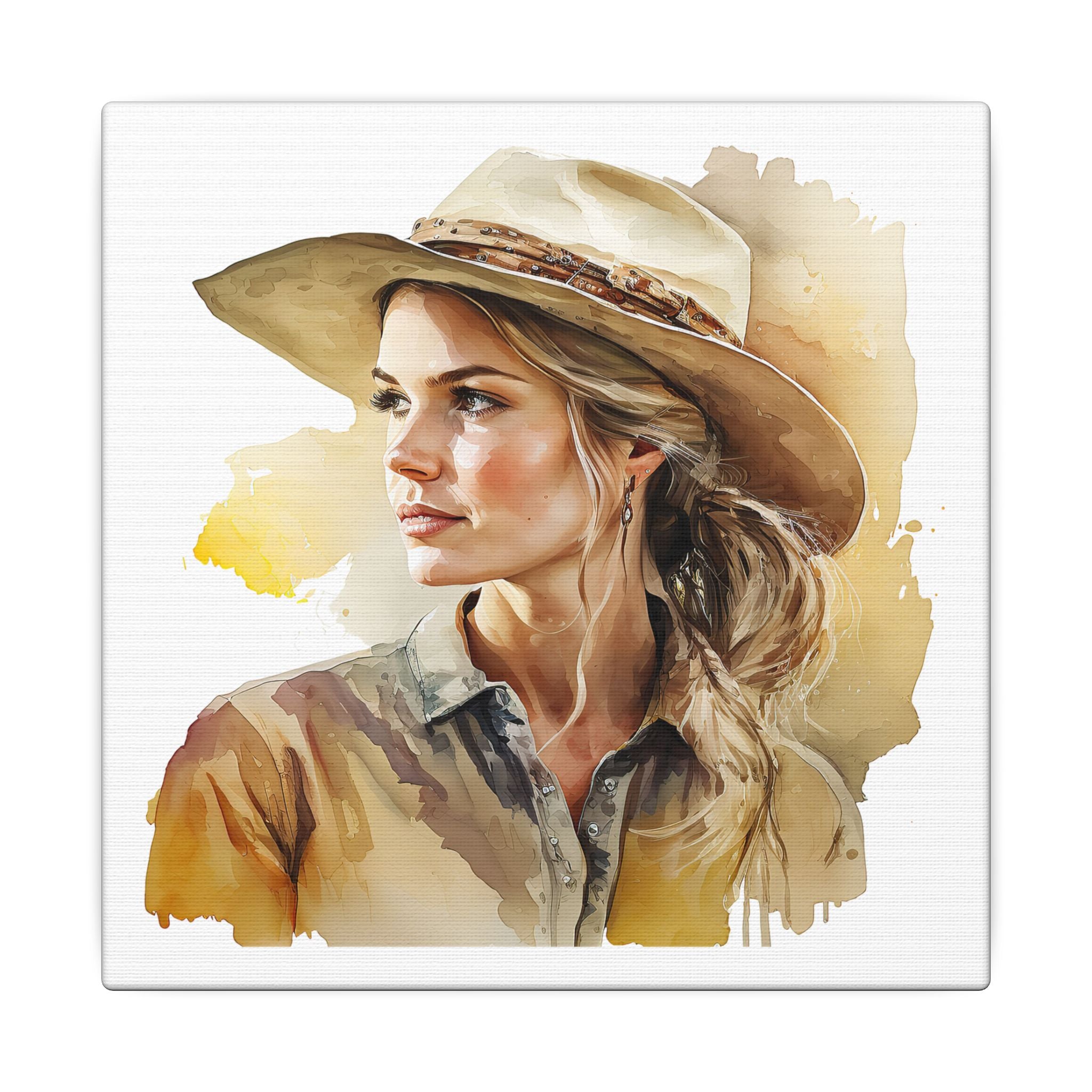 Western Cowgirl Portrait Canvas – Watercolor-Style Matte Wall Art