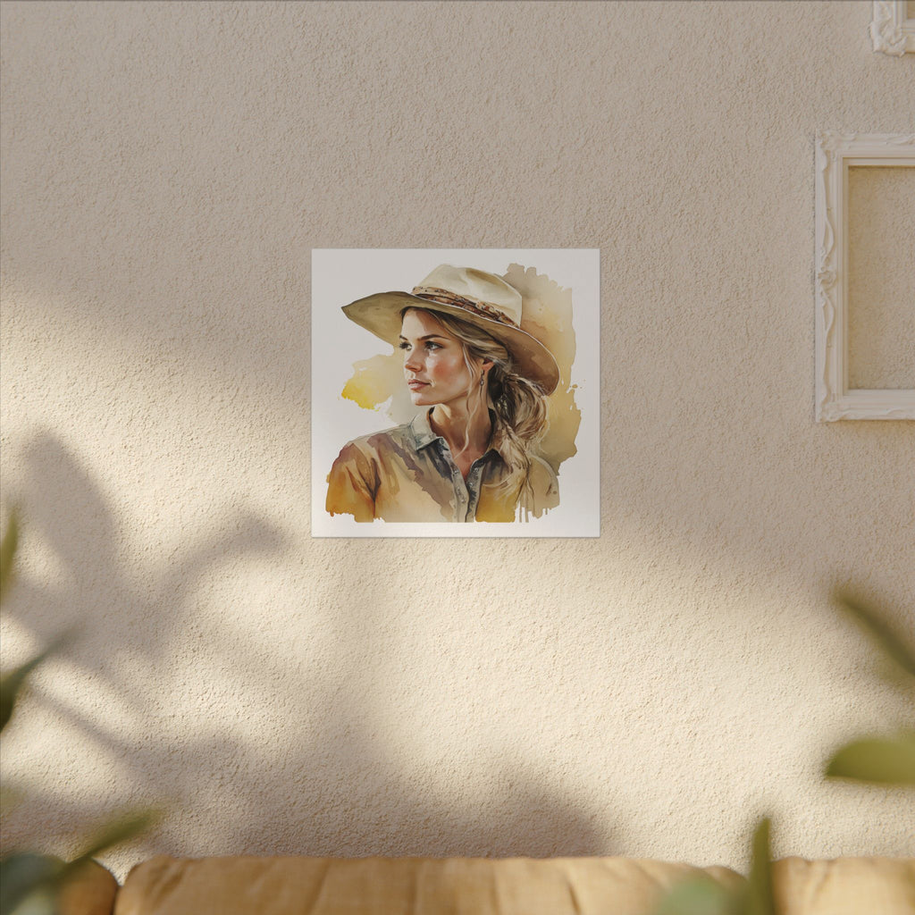 Western Cowgirl Portrait Canvas – Watercolor-Style Matte Wall Art