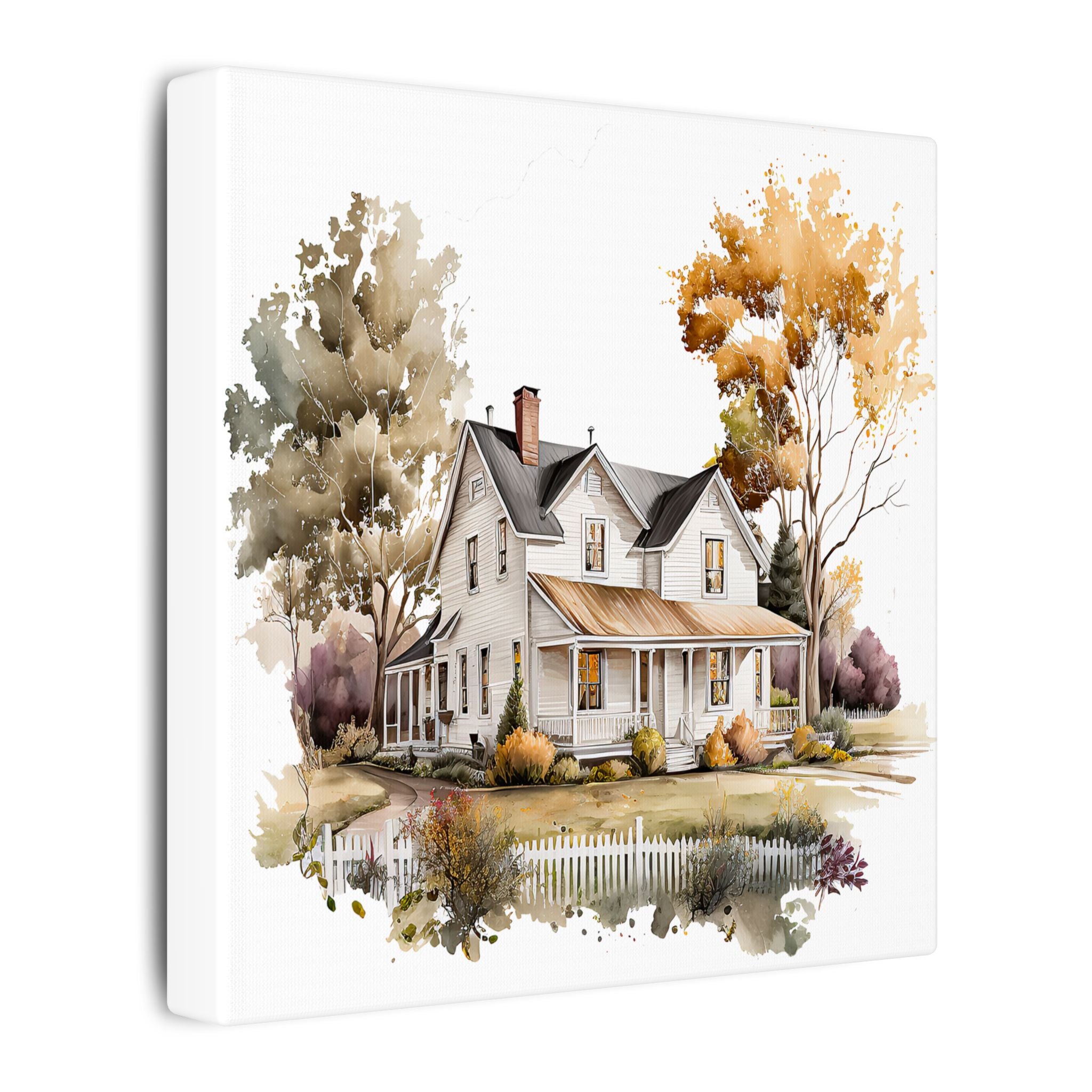Country Farmhouse Canvas Print — Watercolor Autumn Home Wall Art