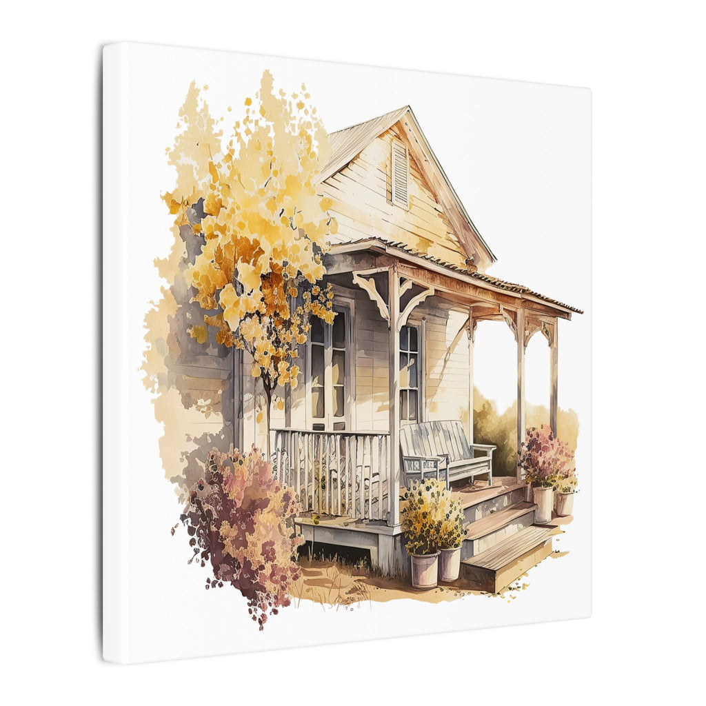 Rustic Autumn Porch Matte Canvas Wall Art - Cozy Country Home Illustration