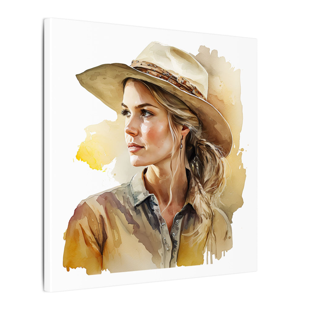 Western Cowgirl Portrait Canvas – Watercolor-Style Matte Wall Art