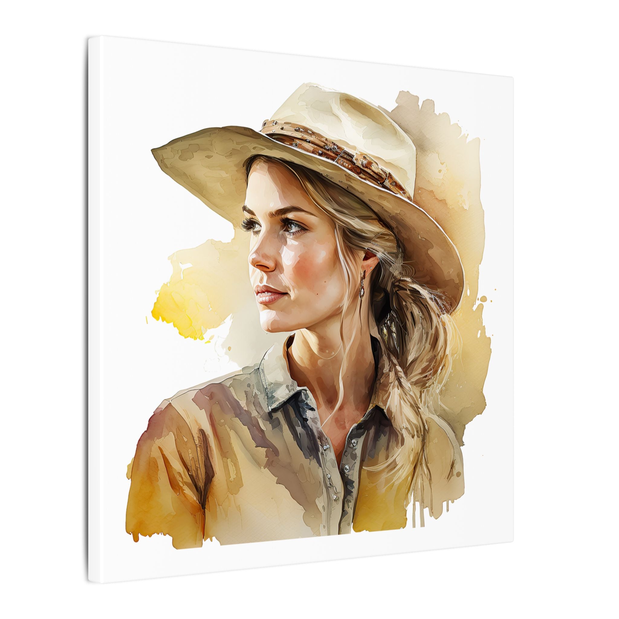 Western Cowgirl Portrait Canvas – Watercolor-Style Matte Wall Art